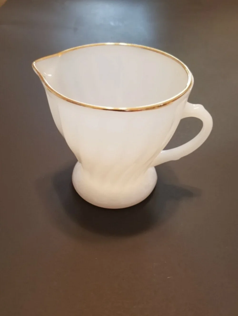 Vintage Anchor Hocking Fire-King Swirl Gold Trimmed Milk Glass Creamer